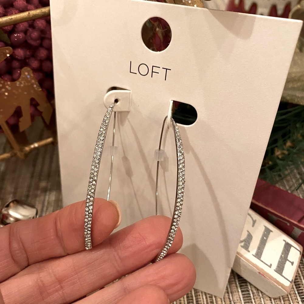 Sparkling silver earrings, 2 1/4 in, arched w diamond sparkle
